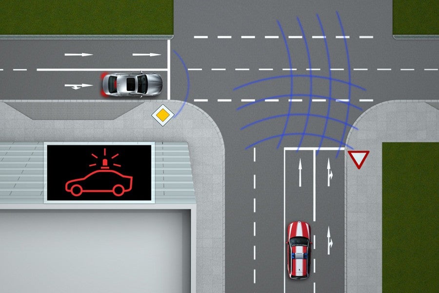 El vehículo recibe la información de que un coche de emergencia se aproxima al cruce.