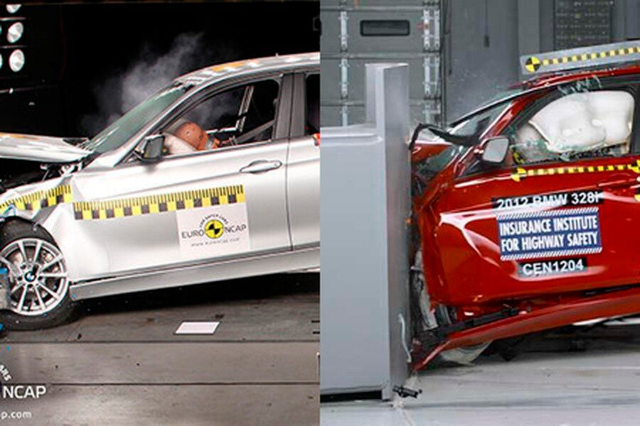 Prueba de choque del BMW Serie 3 de Euro NCAP (izquierda) y el IIHS (derecha).