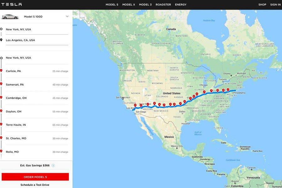 Tesla Trip Planer nos mostrará en pantalla la ruta y los puntos donde debemos parar a repostar.