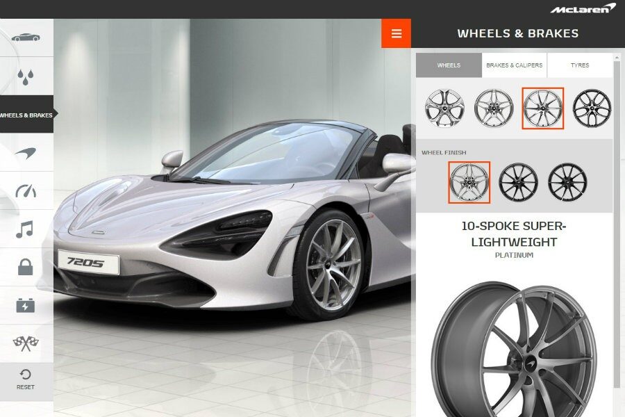 El configurador de McLaren permite elegir entre un gran número de elementos