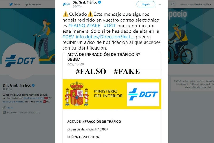 La DGT advierte del correo electrónico falso a través de su cuenta oficial de Twitter.