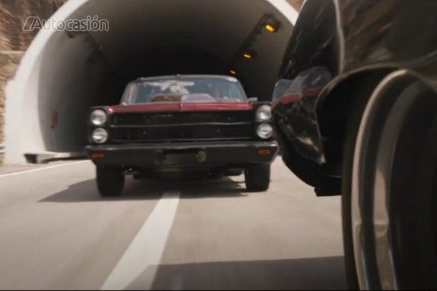A quirky mid 60's Ford Fairlane coming out of a tunnel in Fast X.